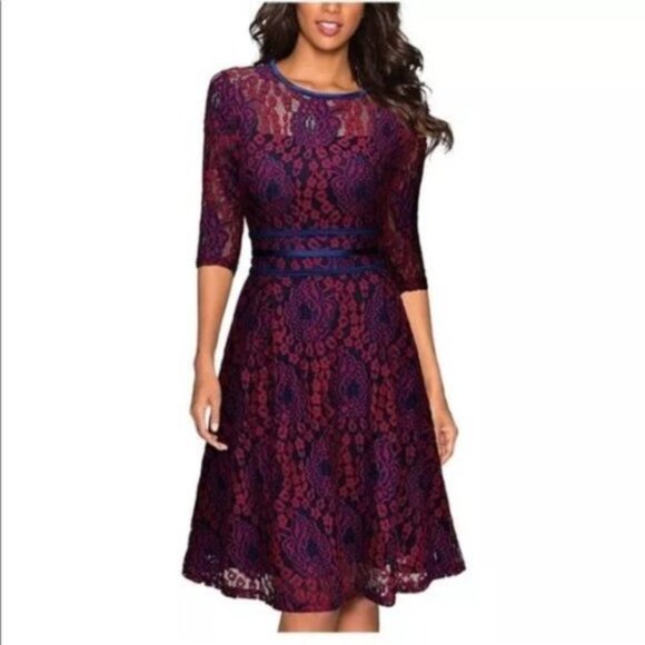 Miusol Dresses & Skirts - Miusol Fit & Flare Dress Size M Womans Red & Purple Lace Floral Half Sleeve